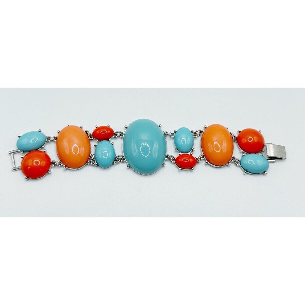Teal &‎ Coral Cabochon Chunky Silvertone Bracelet